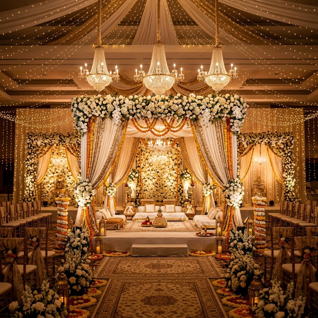 Luxury wedding stage with white and gold floral arrangements