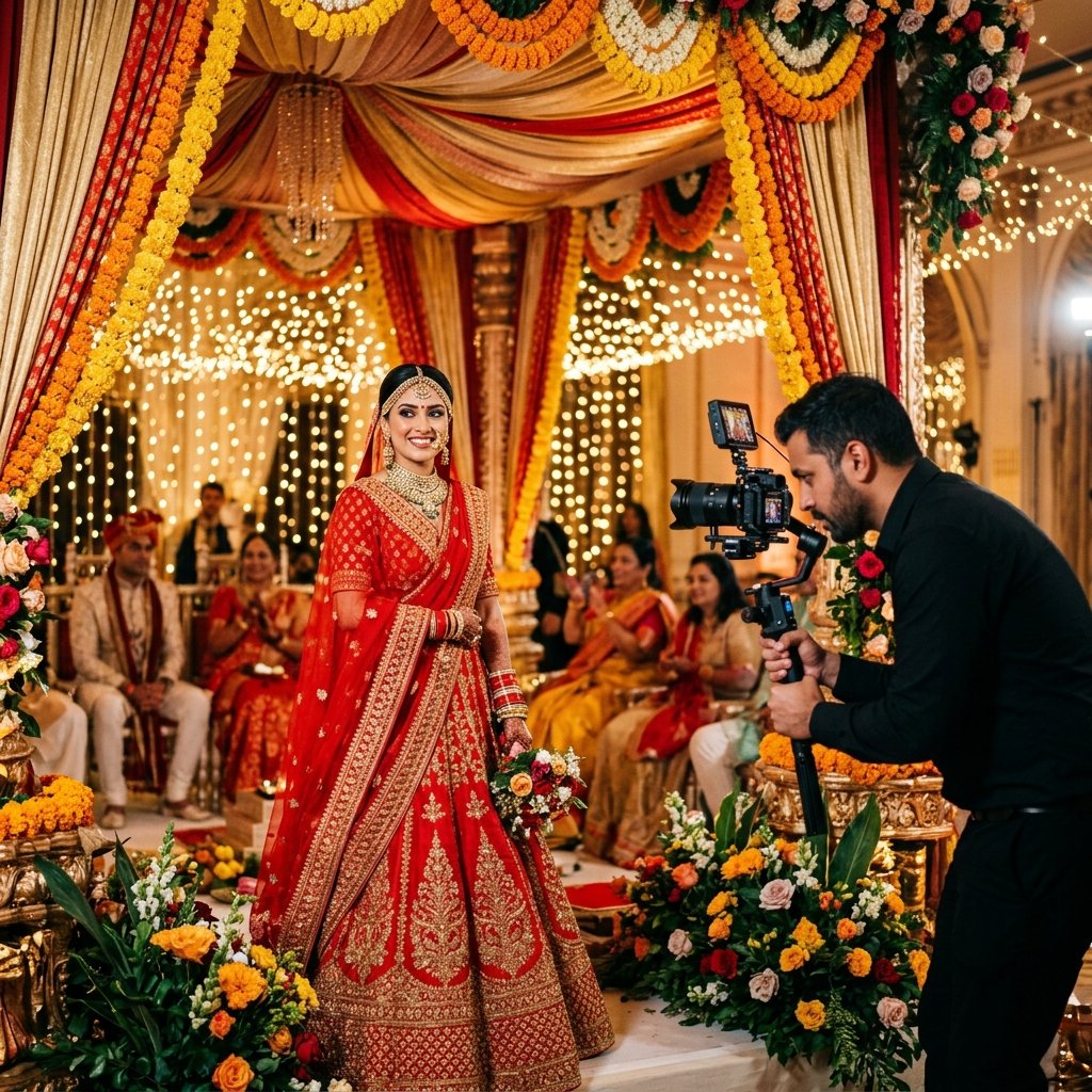 Photographer capturing a bride in a red lehenga during a wedding